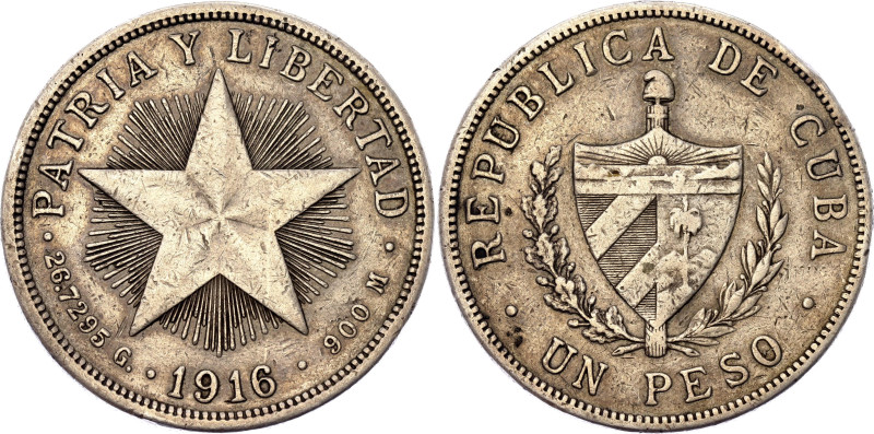 Cuba 1 Peso 1916

KM# 15.2, N# 9263; Silver 26.50 g.; Philadelphia Mint; XF