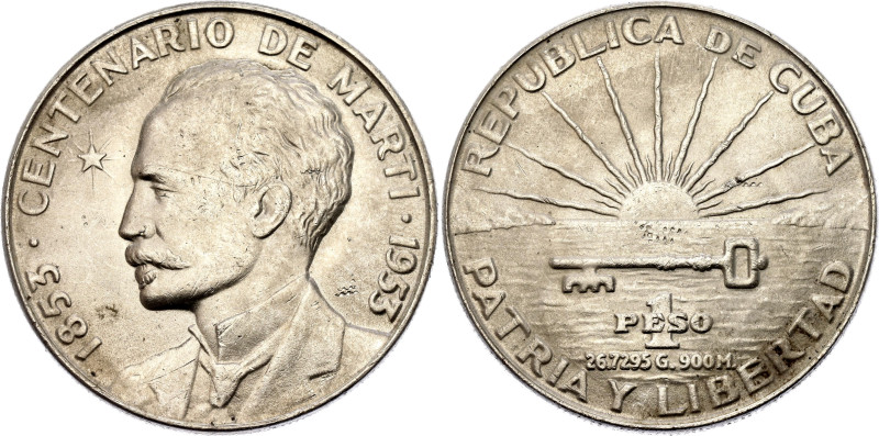 Cuba 1 Peso 1953

KM# 29, N# 9262; Silver 26.72 g.; 100th Anniversary - Birth ...