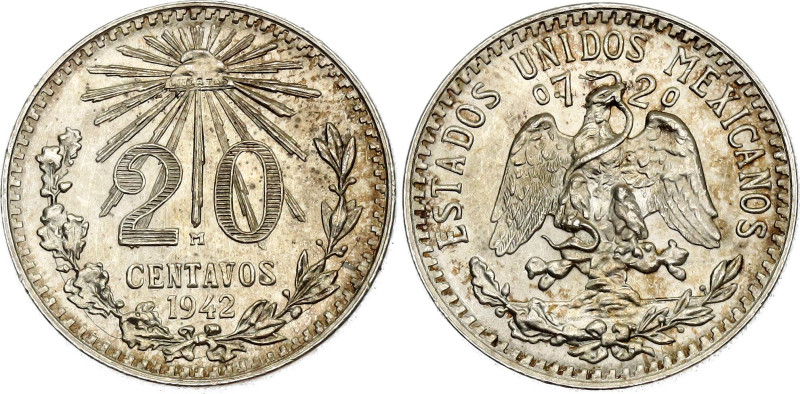 Mexico 20 Centavos 1942 M

KM# 438, N# 5566; Silver 3.33 g.; Mexico Mint; UNC ...