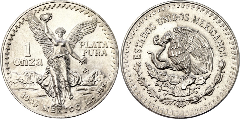 Mexico 1 Onza 1990 Mo

KM# 494, N# 14465; Silver 31.10 g.; "Libertad"; UNC wit...