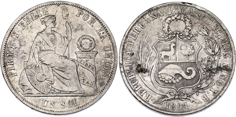 Peru 1 Sol 1864 YB

KM# 196.2, N# 9096; Silver 24.54 g.; Lima Mint; VF; Unmoun...