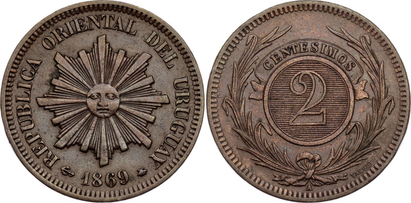 Uruguay 2 Centesimos 1869 A

KM# 12, N# 4358; Bronze; Paris Mint.; UNC with mi...