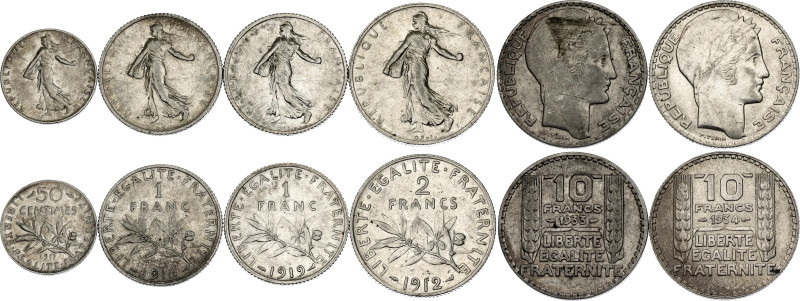 France Lot of 6 Coins 1912 - 1934

KM# 844, 845.1, 854, 878; Silver Total Weig...