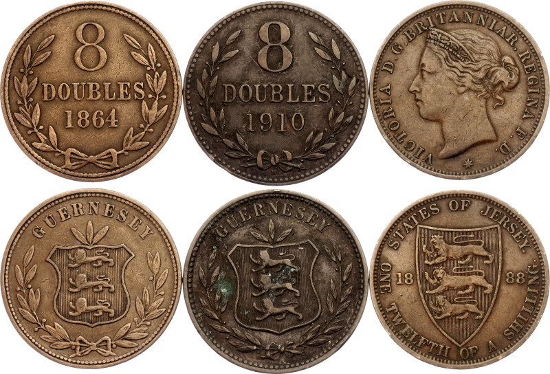 Guernsey & Jersey 2 x 8 Doubles - 1/12 Shilling 1864 - 1910

KM# 7, 8; Bronze;...