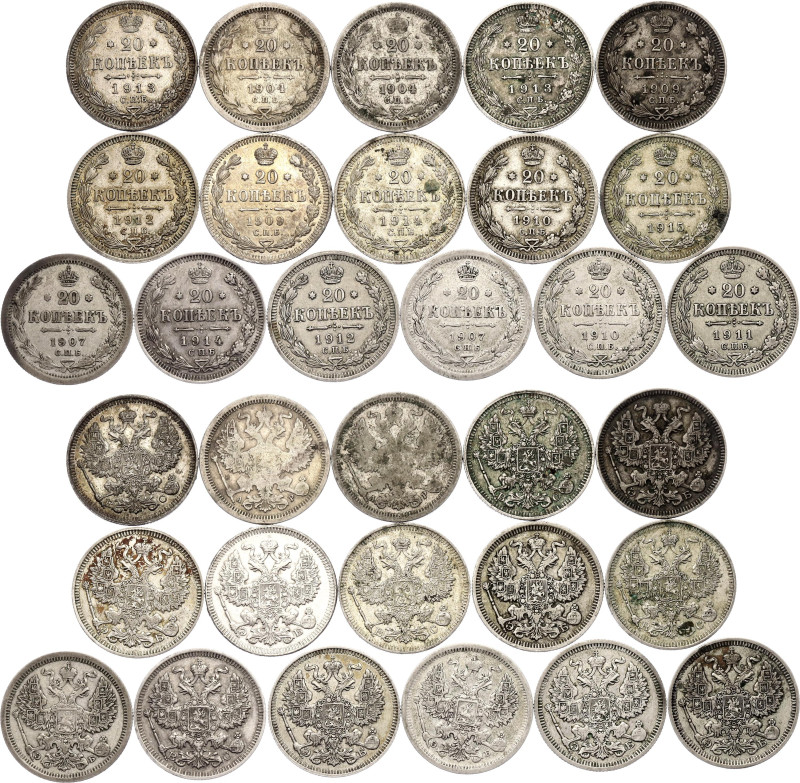 Russia 16 x 20 Kopeks 1904 -1915

Silver., Total weight 56.78 g.; Variuos date...