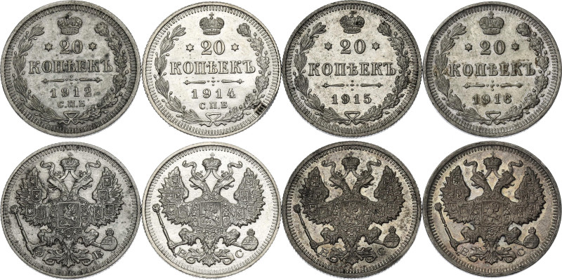 Russia 4 x 20 Kopeks 1912 - 1916

Silver., Total weight: 14.66 g.; Various Dat...