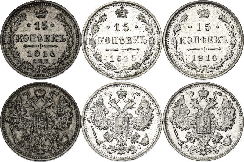 Russia 3 x 15 Kopeks 1914 - 1916

Silver., Total weight: 7.90 g.; Various Date...