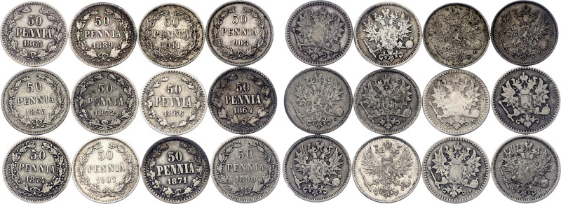 Russia - Finland 12 x 50 Pennia 1865 -1911

Silver., Total weight 29.65 g.; Va...