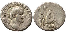 Vespasian, 69-79. Denarius (silver, 2.93 g, 17 mm), Rome. "Judaea Capta" issue. [IMP] CAESAR VESPASIANV[S AVG] Laureate head right. Rev. IVDAEA Judaea...