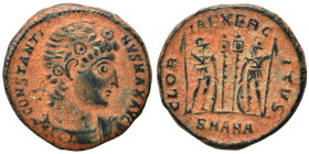 Constantine I, 307/310-337. Follis (bronze, 2.90 g, 17 mm), Antioch. CONSTANTINVS MAX AVG Rosette-diadem, draped, cuirassed bust right. Rev. GLORIA EX...