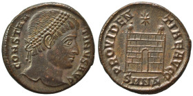 Constantine I, 307/310-337. Follis (bronze, 2.65 g, 18 mm), Nicomedia. CONSTANTINVS AVG Diademed head right. Rev. PROVIDENTIAE AVGG Camp gate, with tw...