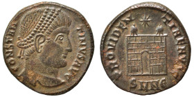 Constantine I, 307/310-337. Follis (bronze, 3.02 g, 18 mm), Nicomedia. CONSTANTINVS AVG Diademed head right. Rev. PROVIDENTIAE AVGG Camp gate, with tw...