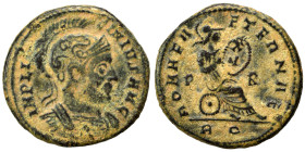 Licinius I, 308-324. Follis (bronze, 3.14 g, 19 mm), Rome. IMP LICINIVS AVG Helmeted and cuirassed bust right. Rev. ROMAE AETERNAE / P - R Roma seated...