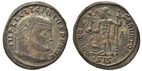 Licinius I, 308-324. Follis (bronze, 3.74 g, 20 mm), Siscia. IMP LIC LICINIVS P F AVG Laureate head right. Rev. IOVI CONSERVATORI / E Jupiter standing...