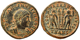 Constantine II, as Caesar, 316-337. Follis (bronze, 2.51 g, 17 mm), Antioch. CONSTANTINVS IVN NOB C Laureate and cuirassed bust to right. Rev. GLORIA ...