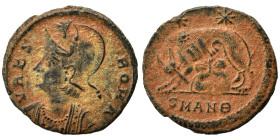 Commemorative Series, 330-354. Follis (bronze, 1.28 g, 15 mm), Antioch. VRBS ROMA Helmeted and mantled bust of Roma to left. Rev. She-wolf standing le...