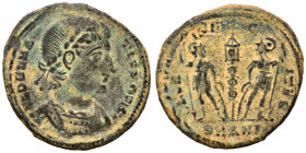 Delmatius, 335-337. Follis (bronze, 1.86 g, 17 mm), Antioch. FL DELMATIVS NOB C Laureate and cuirassed bust right. Rev. GLORIA EXERCITVS Two soldiers ...