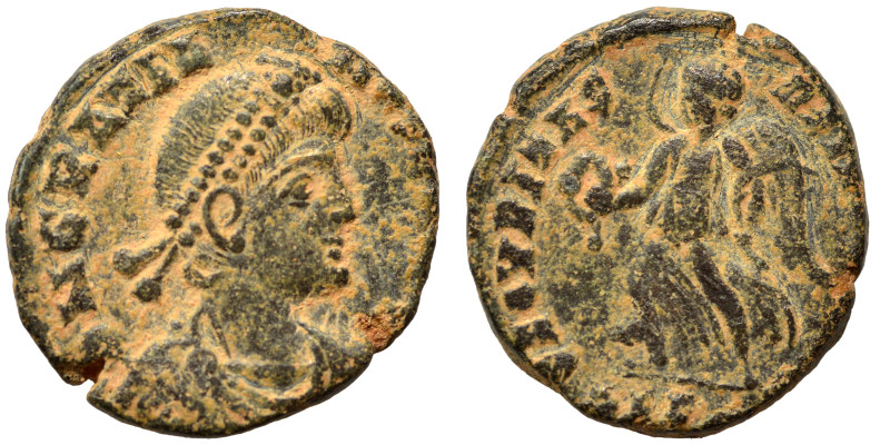 Gratian, 367-383. Ae (bronze, 2.53 g, 15 mm). D N GRATI-ANVS AVG diademed, drape...