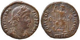 Theodosius I, 379-395. Follis (bronze, 2.48 g, 17 mm), Antioch. D N THEODOSIVS P F AVG Pearl-diademed, draped and cuirassed bust right. Rev. CONCORDIA...