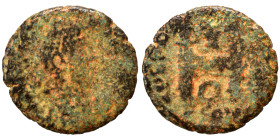 Flavius Victor (?), 387-388. Follis (bronze, 0.77 g, 12 mm), Arelate. [DN FL VICTOR P F AVG] Diademed, draped and cuirassed bust right. Rev. SPES ROMA...