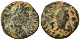 Theodosius II, 402-450. Nummus (bronze, 1.41 g, 12 mm). [D N THE]ODOSIVS P F AVG Pearl-diademed, draped and cuirassed bust right. Rev. SALVS [REI PVBL...