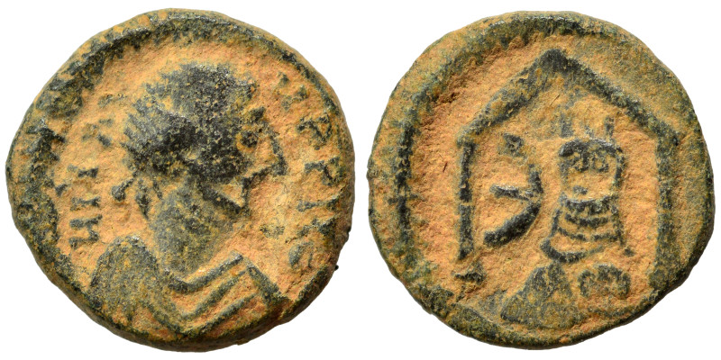 Justin I, 518-527. Pentanummium (bronze, 1.51 g, 12 mm), Theoupolis (Antioch). D...