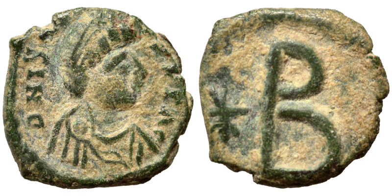 Justin I, 518-527. 2 Nummi. (Bronze, 0.98 g, 12 mm), Thessalonica. D N IVSTINVS ...