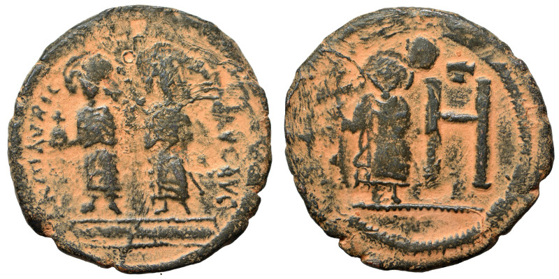 Maurice Tiberius, with Constantia and Theodosius, 582-602. Follis (bronze, 9.69 ...