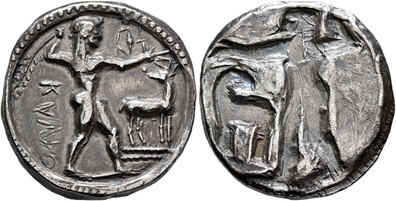 BRUTTIUM. Kaulonia. Circa 500-480 BC. Stater (Silver, 24 mm, 7.36 g, 12 h). ΟΛVA...