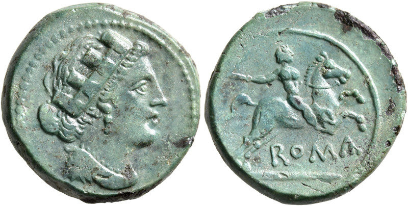 Anonymous, circa 217-215 BC. Semuncia (Bronze, 19 mm, 6.08 g, 7 h), Rome. Draped...