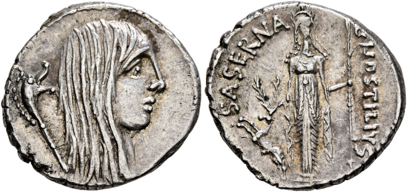 L. Hostilius Saserna, 48 BC. Denarius (Silver, 18 mm, 3.77 g, 6 h), Rome. Bare h...