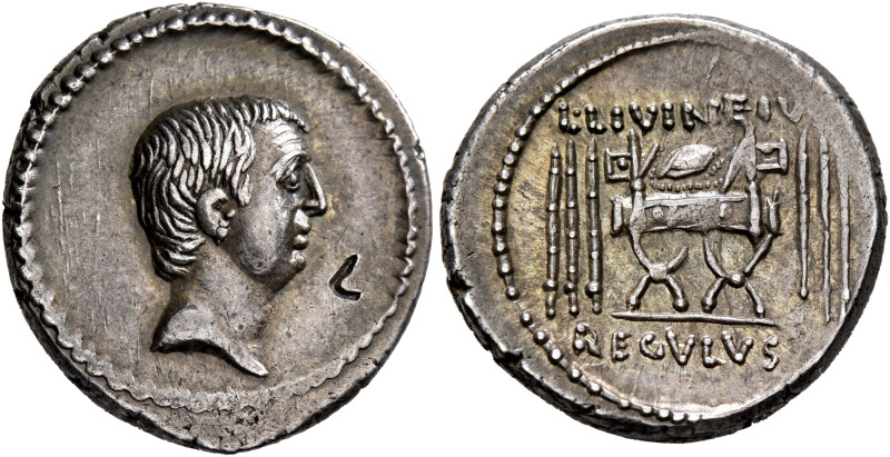 L. Livineius Regulus, 42 BC. Denarius (Silver, 19 mm, 3.89 g, 5 h), Rome. Bare h...