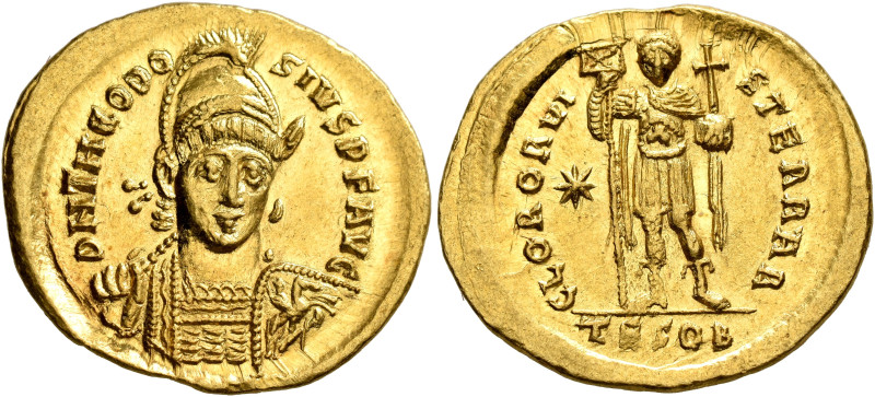 Theodosius II, 402-450. Solidus (Gold, 22 mm, 4.42 g, 6 h), Thessalonica, circa ...