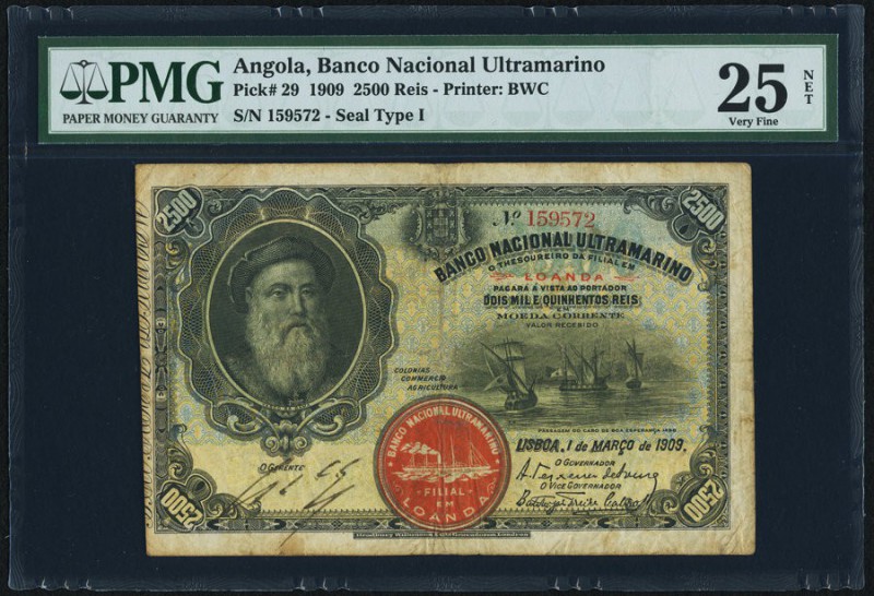 Angola Banco Nacional Ultramarino 2500 Reis 1.3.1909 Pick 29 PMG Very Fine 25 Ne...