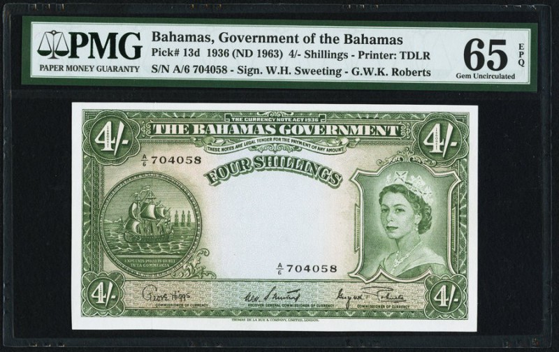 Bahamas Bahamas Government 4 Shillings 1936 (1963) Pick 13d PMG Gem Uncirculated...