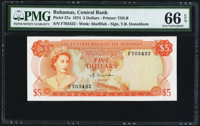 Bahamas Central Bank of the Bahamas 5 Dollars 1974 Pick 37a PMG Gem Uncirculated...