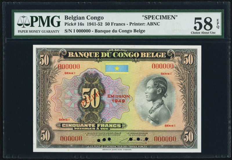 Belgian Congo Banque du Congo Belge 50 Francs 1949 pick 16s Specimen PMG Choice ...