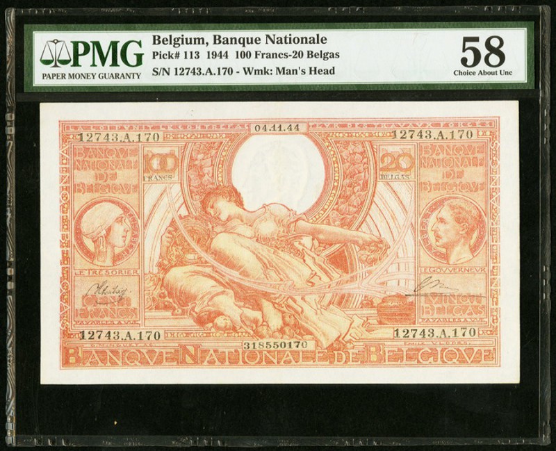 Belgium Banque National de Belgique 100 Francs - 20 Belgas 4.11.1944 Pick 113 PM...