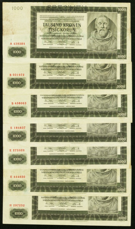 Bohemia and Moravia Nationalbank 1000 Kronen 1942 Pick 14s Group of 7 Specimen V...