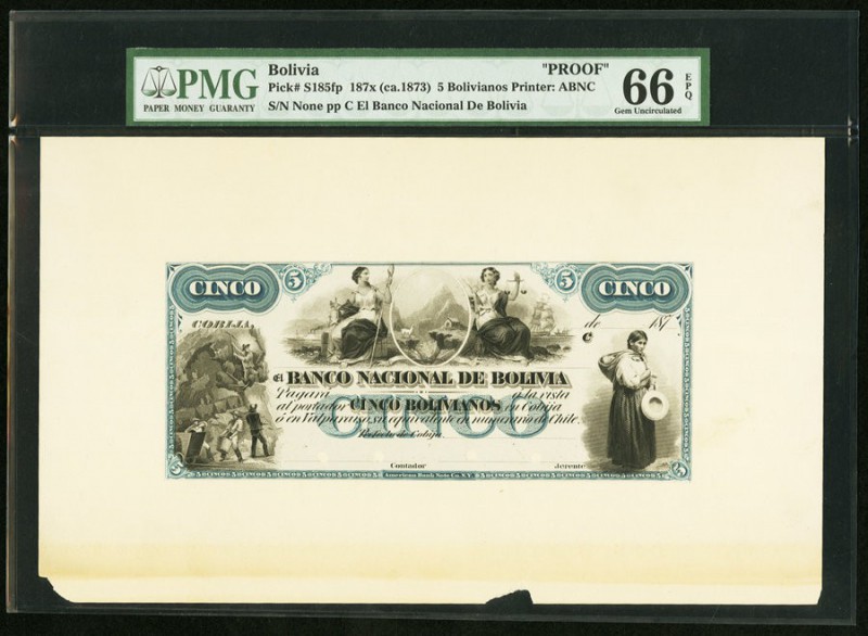 Bolivia Banco Nacional de Bolivia 5 Bolivianos ca. 1873 Pick 185fp; 185bp Proof ...