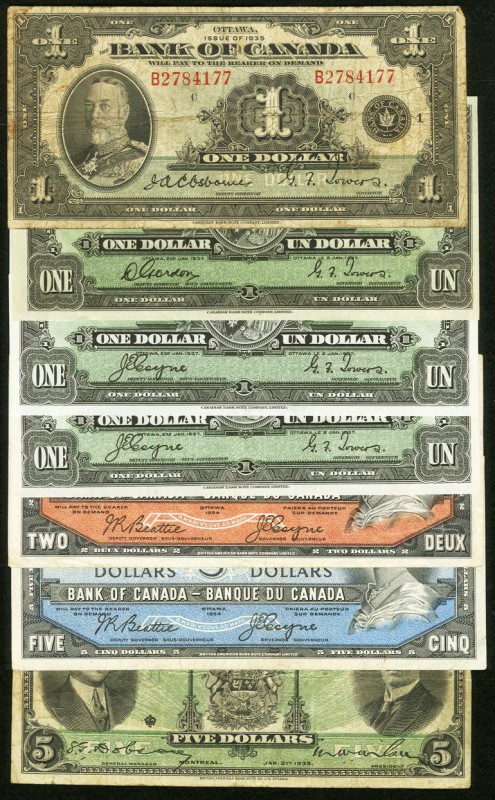 Six Earlier Bank of Canada Issues and a $5 Note from the Royal Bank of Canada. V...