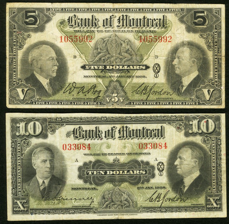 Montreal, PQ- Bank of Montreal $5 Jan. 2, 1935 Ch. # 505-60-02 Fine; $10 Jan. 3,...