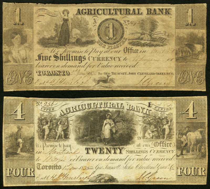 Toronto, UC- Agricultural Bank $1 Jan. 1, 1836 Ch. # 20-12-02-04 Very Good; $4 N...