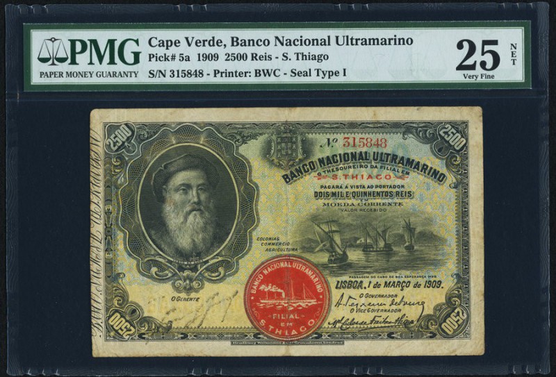 Cape Verde Banco Nacional Ultramarino 2500 Reis 1.3.1909 Pick 5a PMG Very Fine 2...