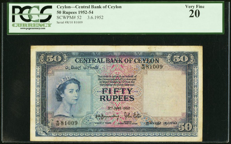 Ceylon Central Bank of Ceylon 50 Rupees 3.6.1952 Pick 52 PCGS Very Fine 20. 

HI...
