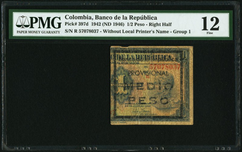 Colombia Banco de la Republica 1/2 Peso Right Half 1942 (ND 1946) Pick 397d PMG ...
