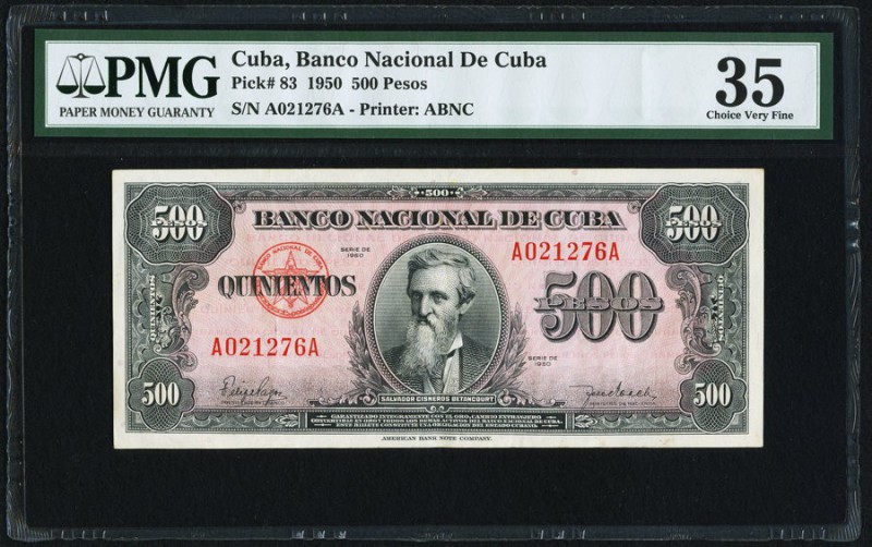 Cuba Banco Nacional de Cuba 500 Pesos 1950 Pick 83 PMG Choice Very Fine 35. 

HI...