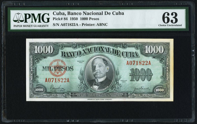 Cuba Banco Nacional de Cuba 1000 Pesos 1950 Pick 84 PMG Choice Uncirculated 63. ...