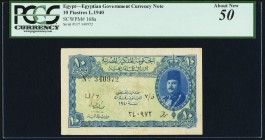 Egypt Egyptian Government 10 Piastres 1940 Pick 168a PCGS About New 50. Small edge tear in right margin.

HID09801242017