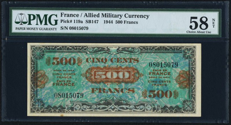 France Allied Military Currency 500 Francs 1944 Pick 119a PMG Choice About Unc 5...